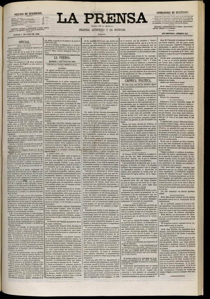 Miniatura de La Prensa : diario de la mañana : político, literario y de noticias del 1 de junio de 1872, nº 359