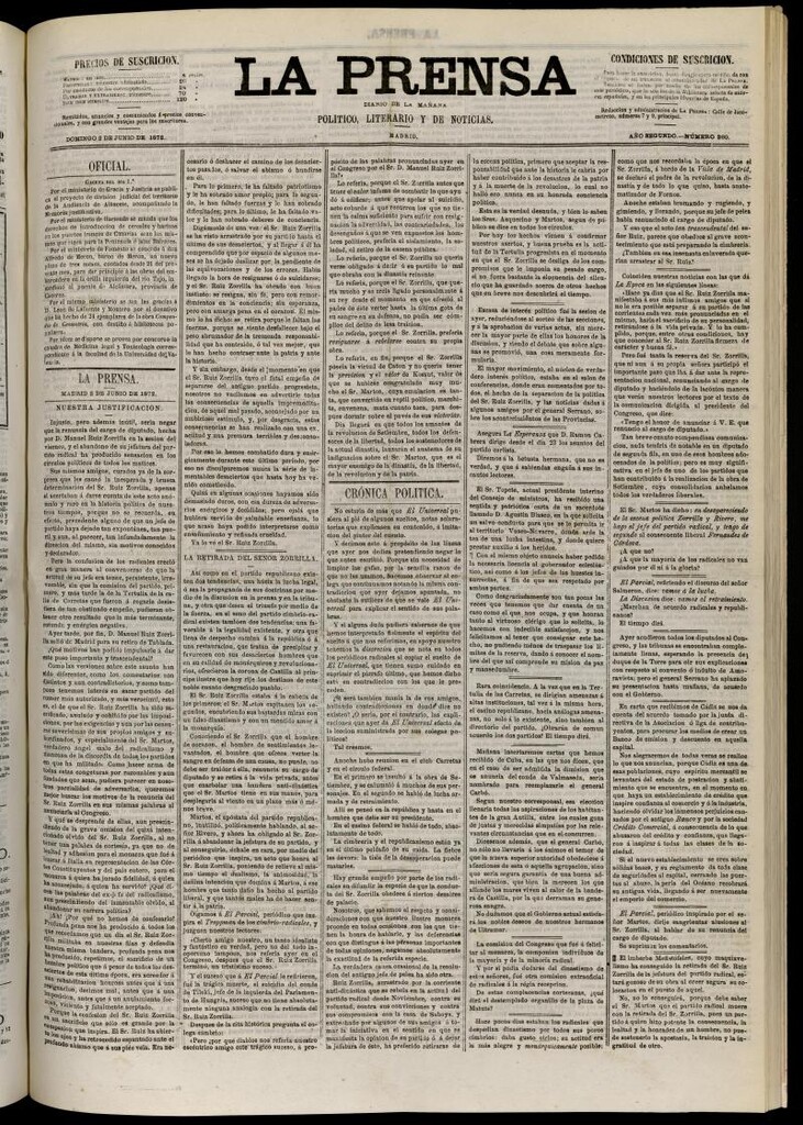 Miniatura de La Prensa : diario de la mañana : político, literario y de noticias del 2 de junio de 1872, nº 360