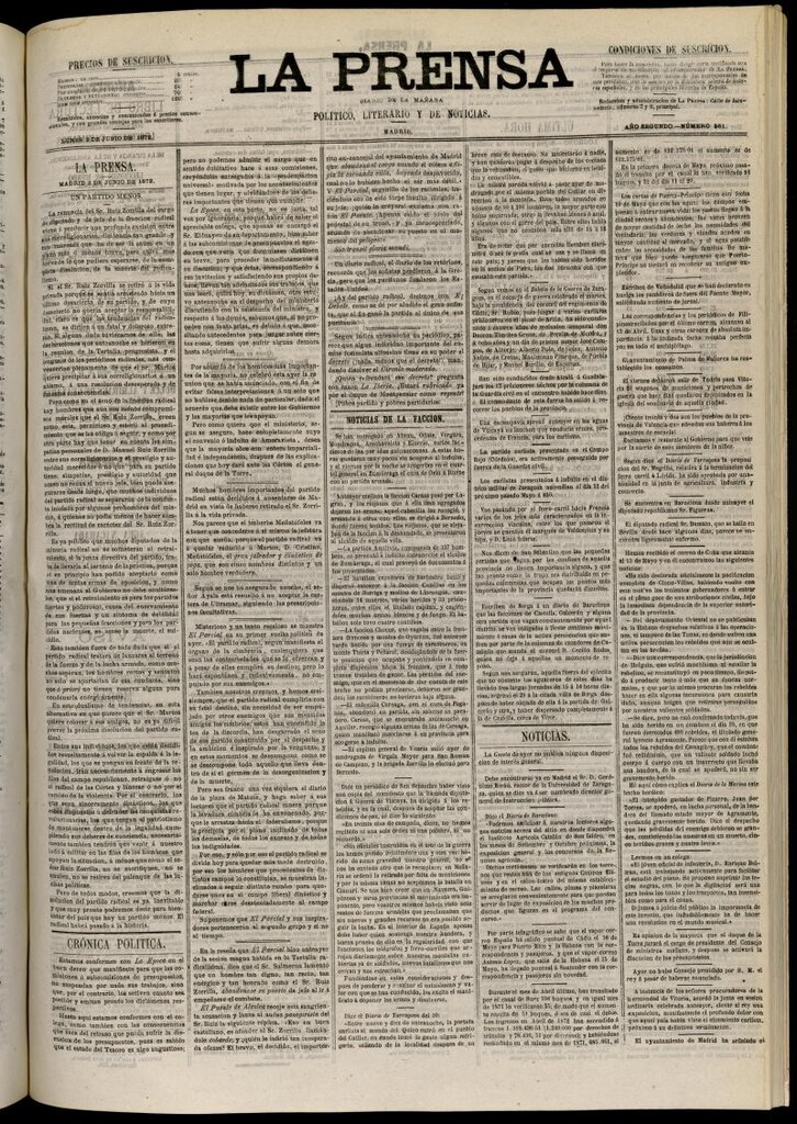 Miniatura de La Prensa : diario de la mañana : político, literario y de noticias del 3 de junio de 1872, nº 361