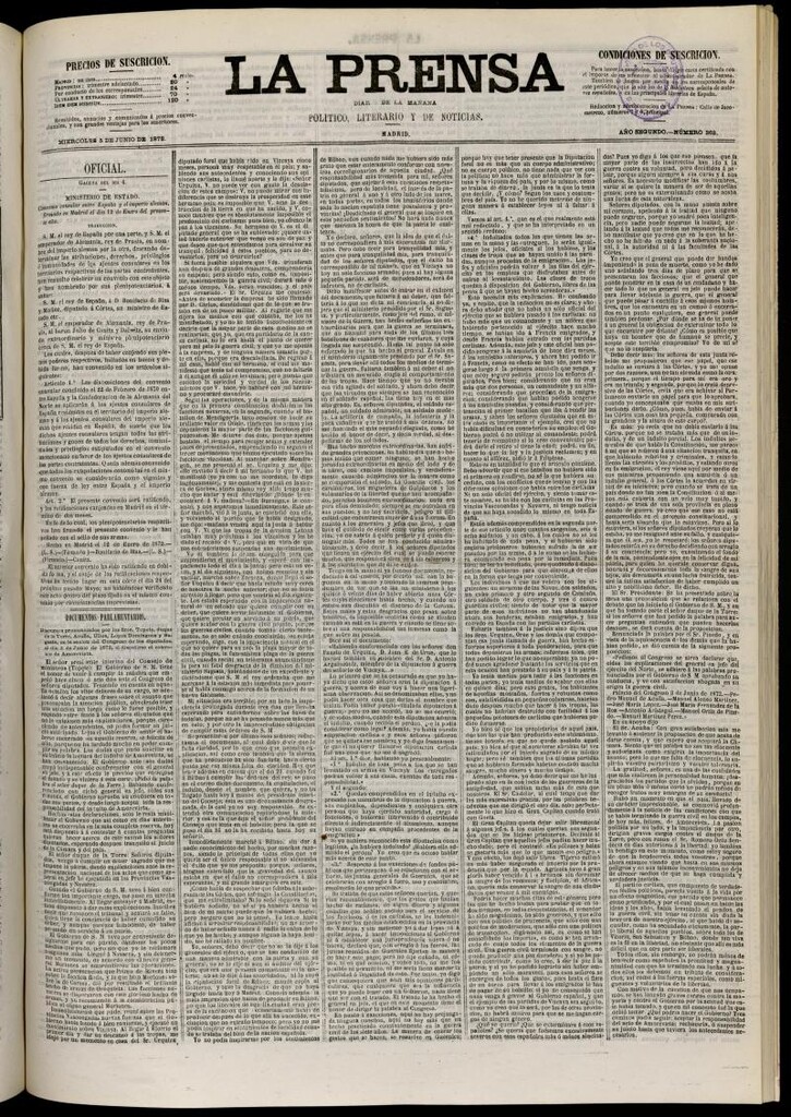 Miniatura de La Prensa : diario de la mañana : político, literario y de noticias del 5 de junio de 1872, nº 363