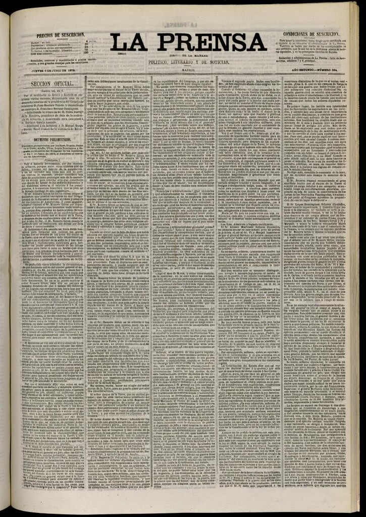 Miniatura de La Prensa : diario de la mañana : político, literario y de noticias del 6 de junio de 1872, nº 364
