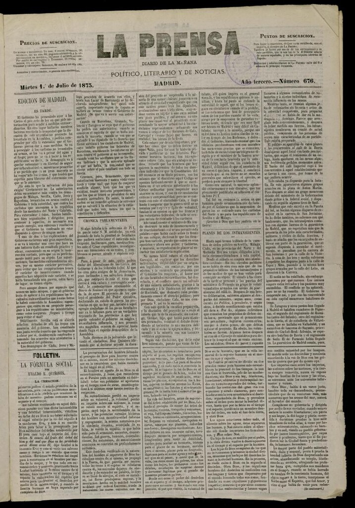 Miniatura de La Prensa : diario de la mañana : político, literario y de noticias del 1 de julio de 1873, nº 676