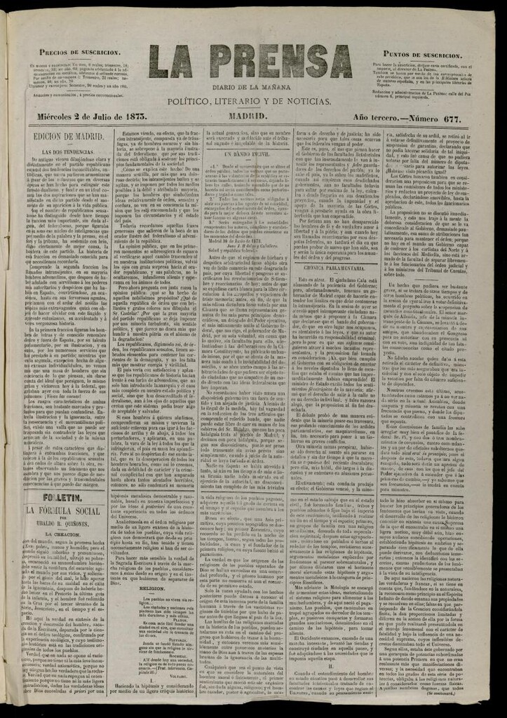 Miniatura de La Prensa : diario de la mañana : político, literario y de noticias del 2 de julio de 1873, nº 677