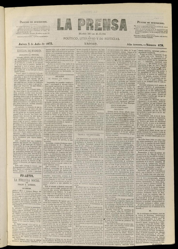 Miniatura de La Prensa : diario de la mañana : político, literario y de noticias del 3 de julio de 1873, nº 678