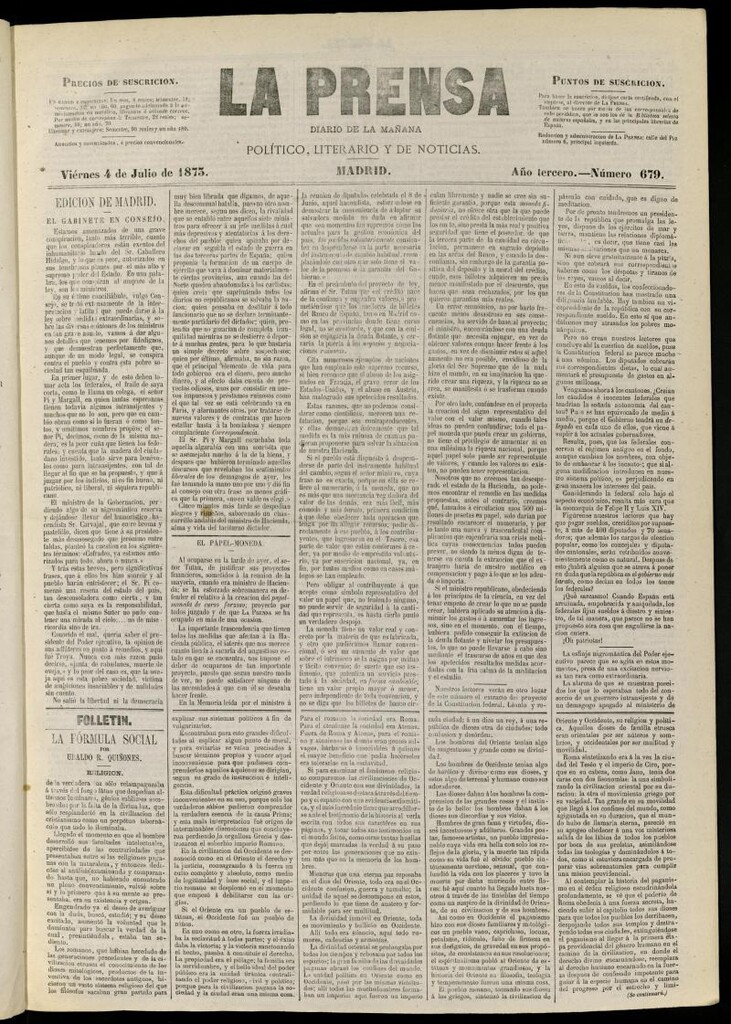 Miniatura de La Prensa : diario de la mañana : político, literario y de noticias del 4 de julio de 1873, nº 679