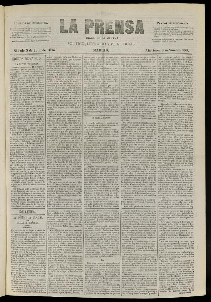 Miniatura de La Prensa : diario de la mañana : político, literario y de noticias del 5 de julio de 1873, nº 680