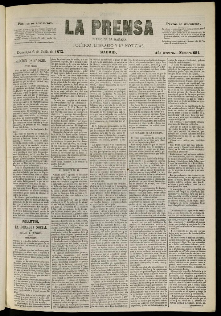 Miniatura de La Prensa : diario de la mañana : político, literario y de noticias del 6 de julio de 1873, nº 681