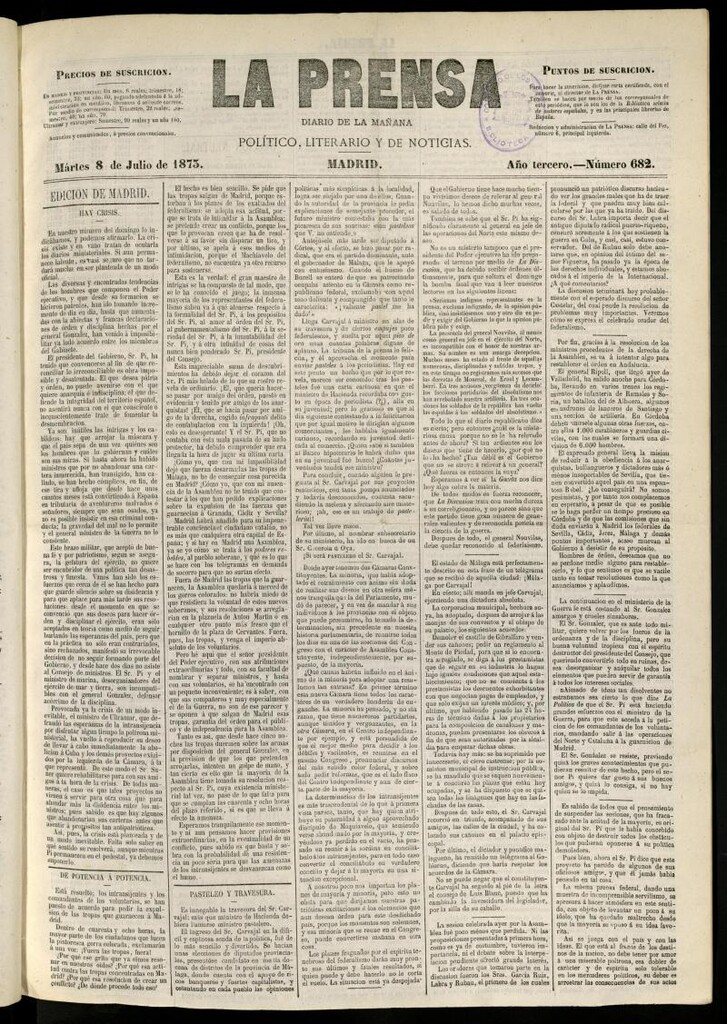 Miniatura de La Prensa : diario de la mañana : político, literario y de noticias del 8 de julio de 1873, nº 682
