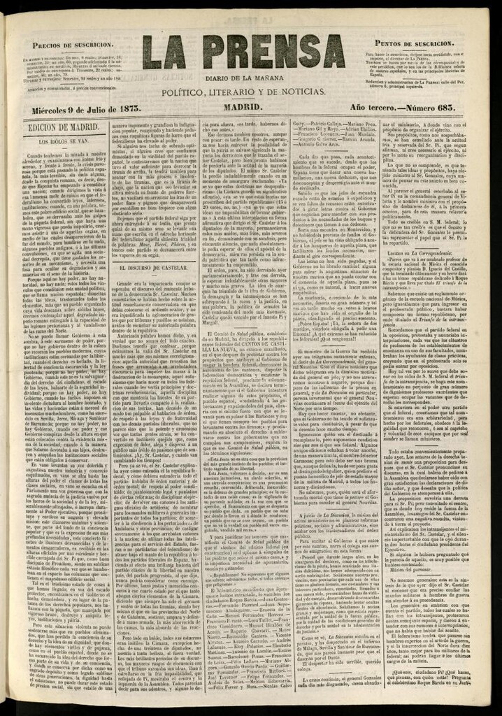 Miniatura de La Prensa : diario de la mañana : político, literario y de noticias del 9 de julio de 1873, nº 683