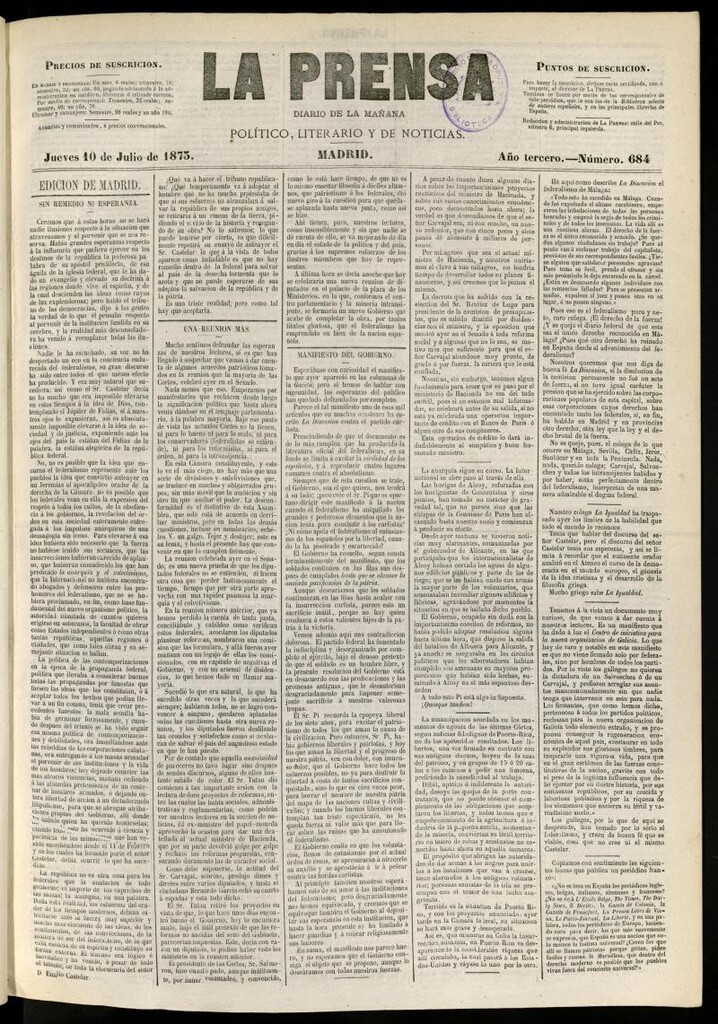 Miniatura de La Prensa : diario de la mañana : político, literario y de noticias del 10 de julio de 1873, nº 684