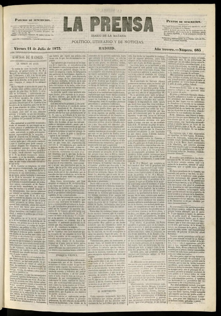 Miniatura de La Prensa : diario de la mañana : político, literario y de noticias del 11 de julio de 1873, nº 685