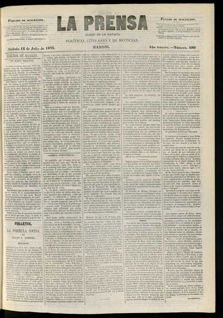 Miniatura de La Prensa : diario de la mañana : político, literario y de noticias del 12 de julio de 1873, nº 686