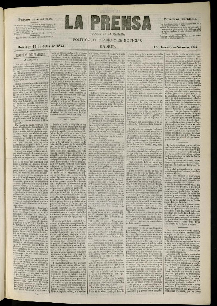 Miniatura de La Prensa : diario de la mañana : político, literario y de noticias del 13 de julio de 1873, nº 687