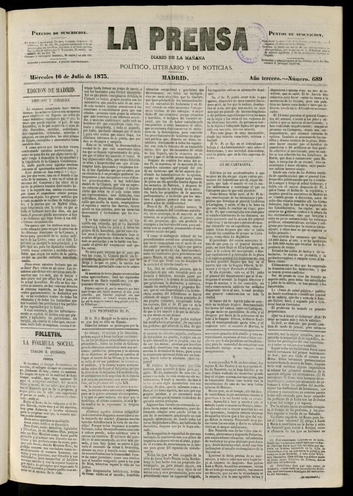 Miniatura de La Prensa : diario de la mañana : político, literario y de noticias del 16 de julio de 1873, nº 689