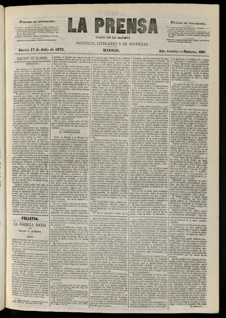 Miniatura de La Prensa : diario de la mañana : político, literario y de noticias del 17 de julio de 1873, nº 690
