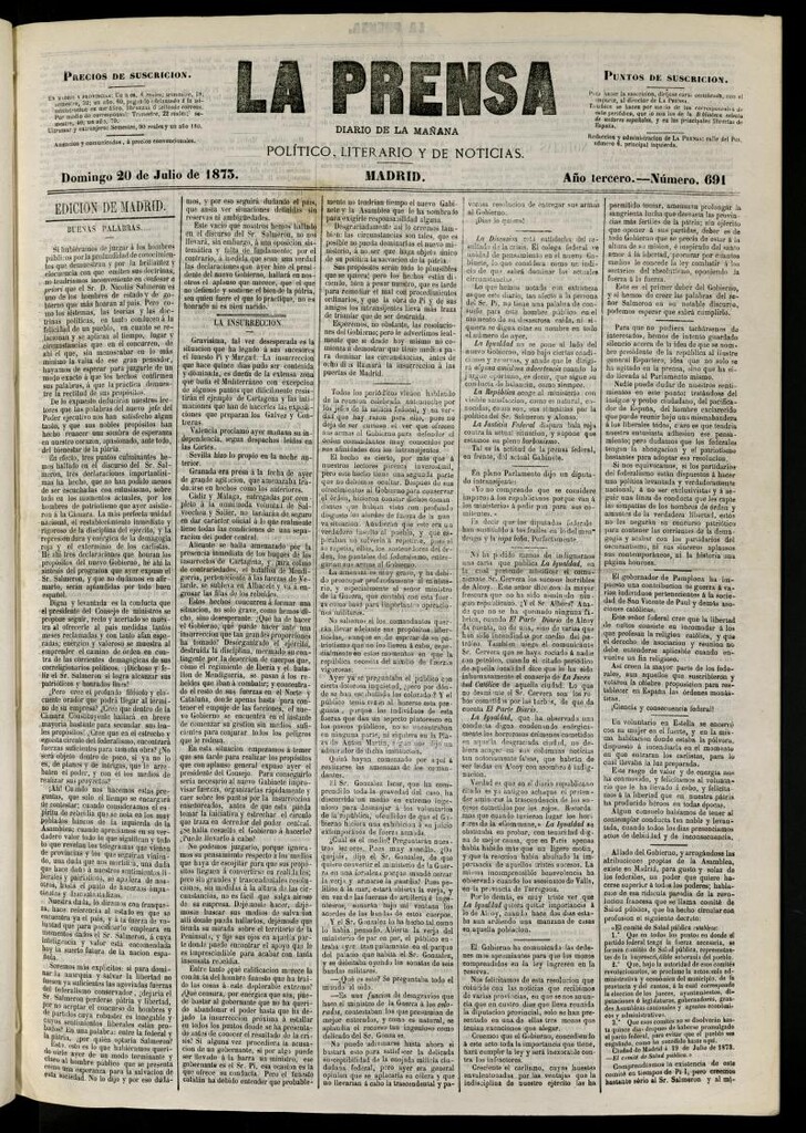 Miniatura de La Prensa : diario de la mañana : político, literario y de noticias del 20 de julio de 1873, nº 691