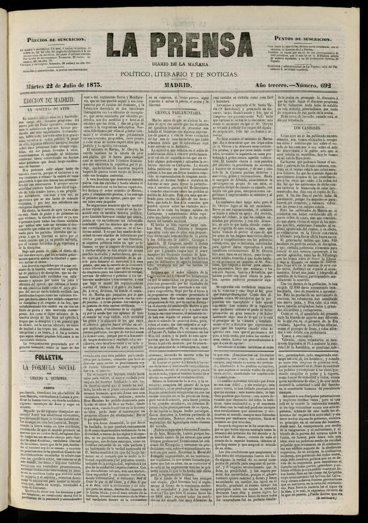 Miniatura de La Prensa : diario de la mañana : político, literario y de noticias del 22 de julio de 1873, nº 692