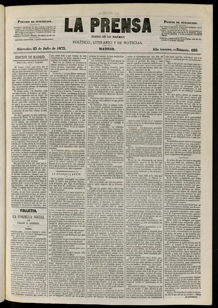 Miniatura de La Prensa : diario de la mañana : político, literario y de noticias del 23 de julio de 1873, nº 693