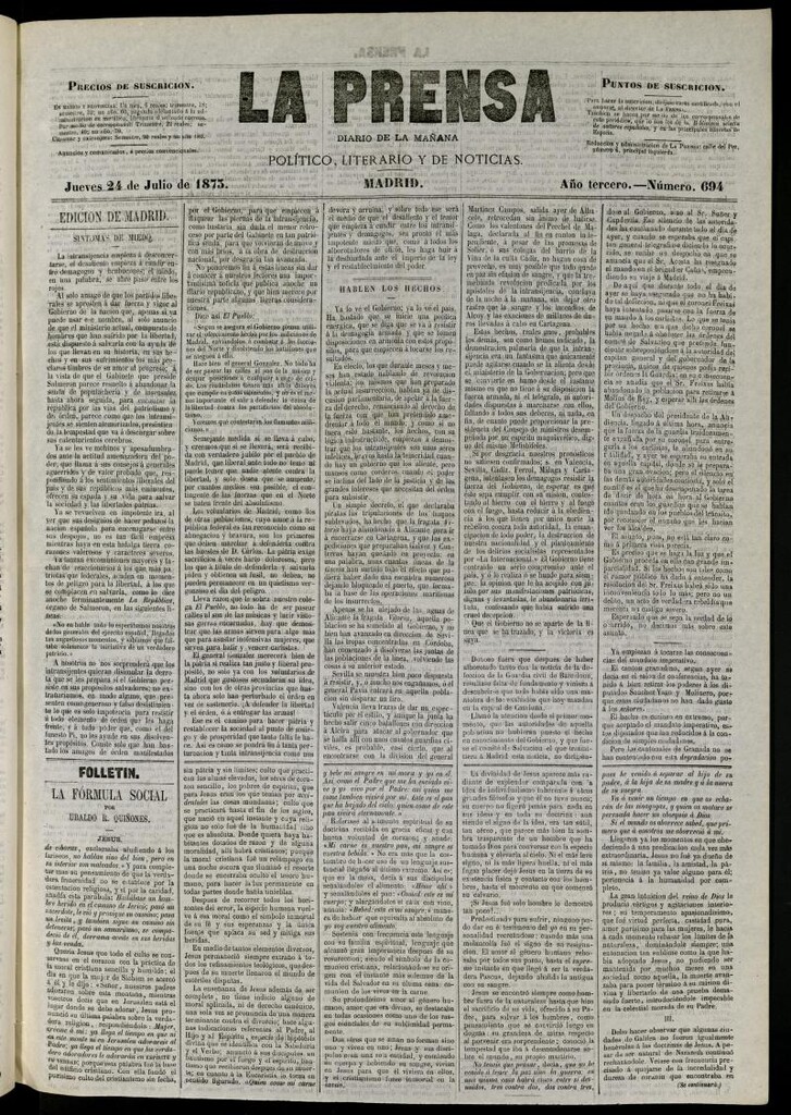 Miniatura de La Prensa : diario de la mañana : político, literario y de noticias del 24 de julio de 1873, nº 694