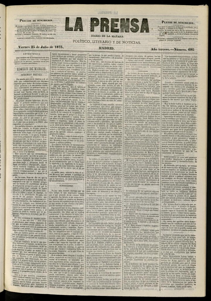 Miniatura de La Prensa : diario de la mañana : político, literario y de noticias del 25 de julio de 1873, nº 695