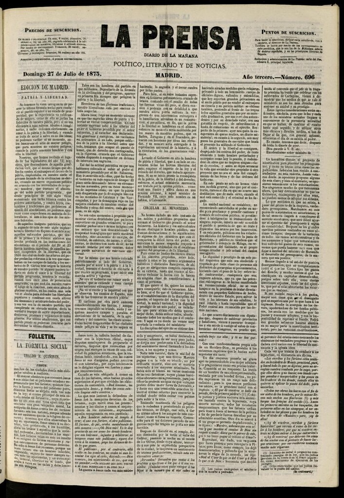 Miniatura de La Prensa : diario de la mañana : político, literario y de noticias del 27 de julio de 1873, nº 696