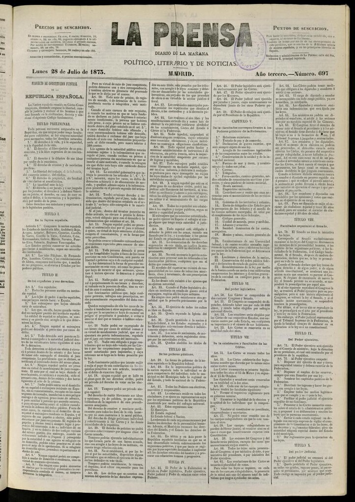 Miniatura de La Prensa : diario de la mañana : político, literario y de noticias del 28 de julio de 1873, nº 697
