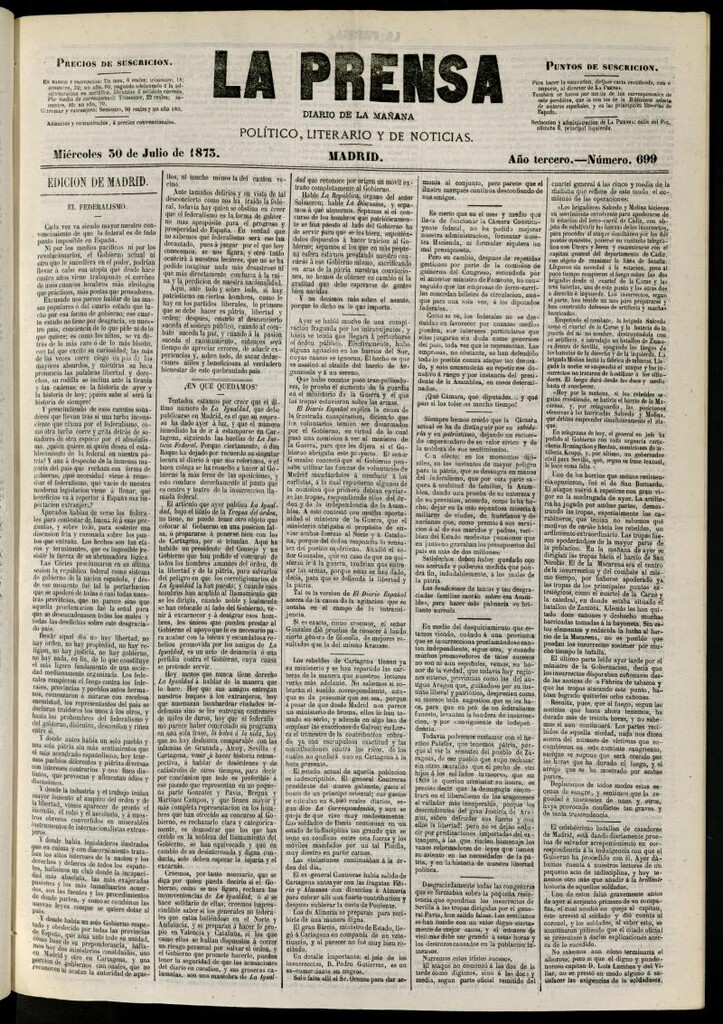 Miniatura de La Prensa : diario de la mañana : político, literario y de noticias del 30 de julio de 1873, nº 699