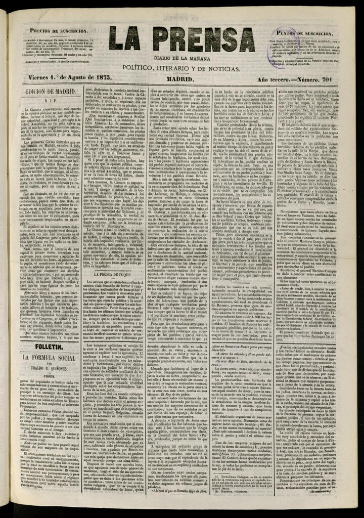 Miniatura de La Prensa : diario de la mañana : político, literario y de noticias del 1 de agosto de 1873, nº 701