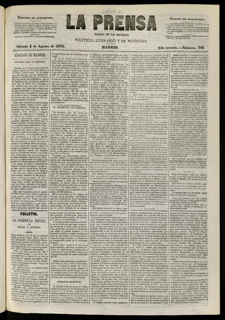 Miniatura de La Prensa : diario de la mañana : político, literario y de noticias del 2 de agosto de 1873, nº 702