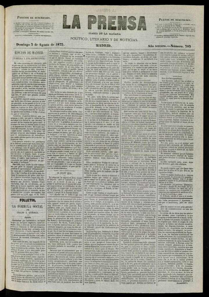 Miniatura de La Prensa : diario de la mañana : político, literario y de noticias del 3 de agosto de 1873, nº 703