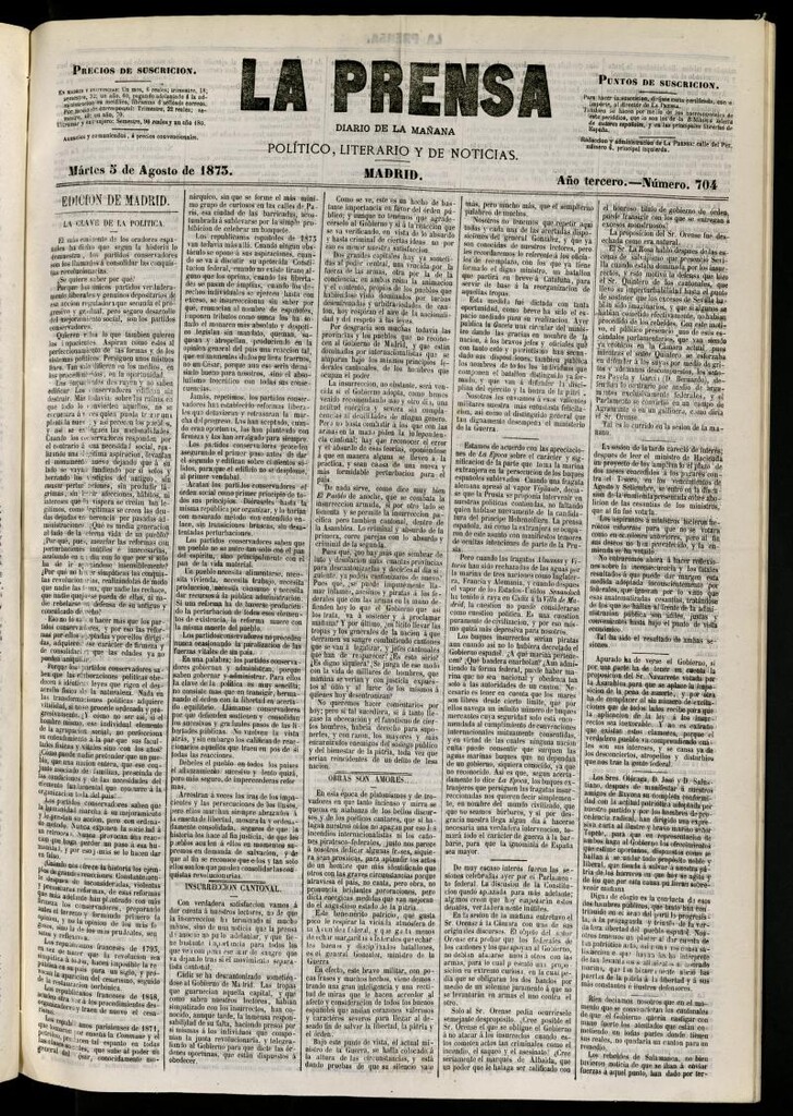 Miniatura de La Prensa : diario de la mañana : político, literario y de noticias del 5 de agosto de 1873, nº 704