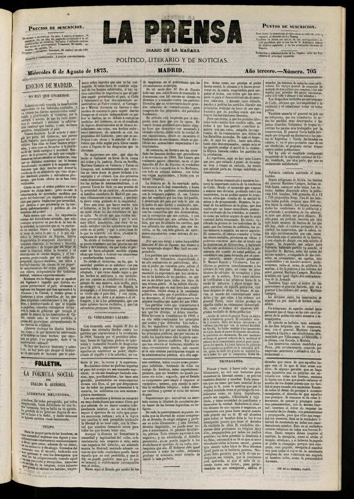 Miniatura de La Prensa : diario de la mañana : político, literario y de noticias del 6 de agosto de 1873, nº 705
