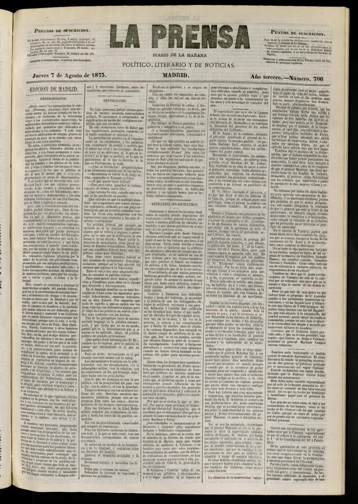 Miniatura de La Prensa : diario de la mañana : político, literario y de noticias del 7 de agosto de 1873, nº 706