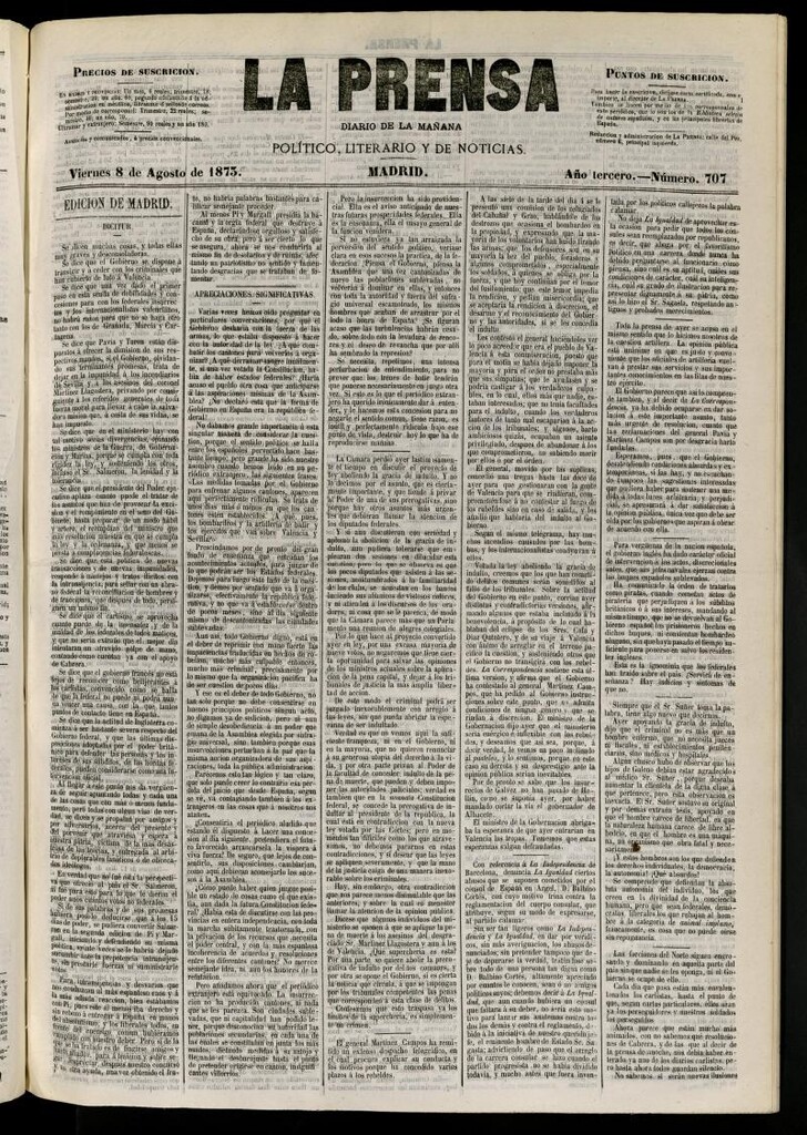 Miniatura de La Prensa : diario de la mañana : político, literario y de noticias del 8 de agosto de 1873, nº 707