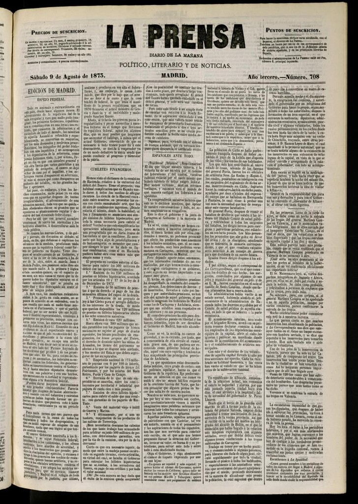 Miniatura de La Prensa : diario de la mañana : político, literario y de noticias del 9 de agosto de 1873, nº 708
