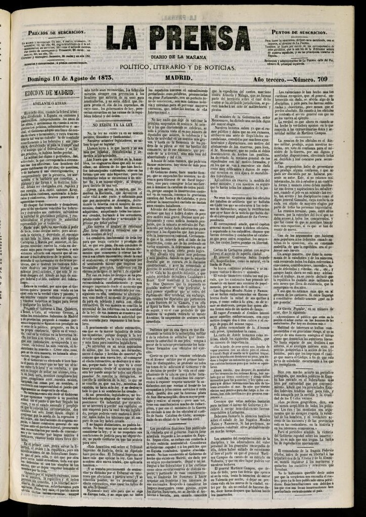 Miniatura de La Prensa : diario de la mañana : político, literario y de noticias del 10 de agosto de 1873, nº 709