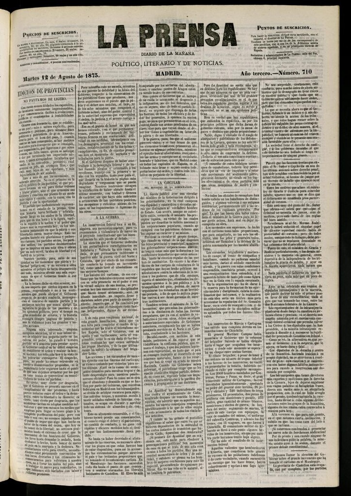 Miniatura de La Prensa : diario de la mañana : político, literario y de noticias del 12 de agosto de 1873, nº 710
