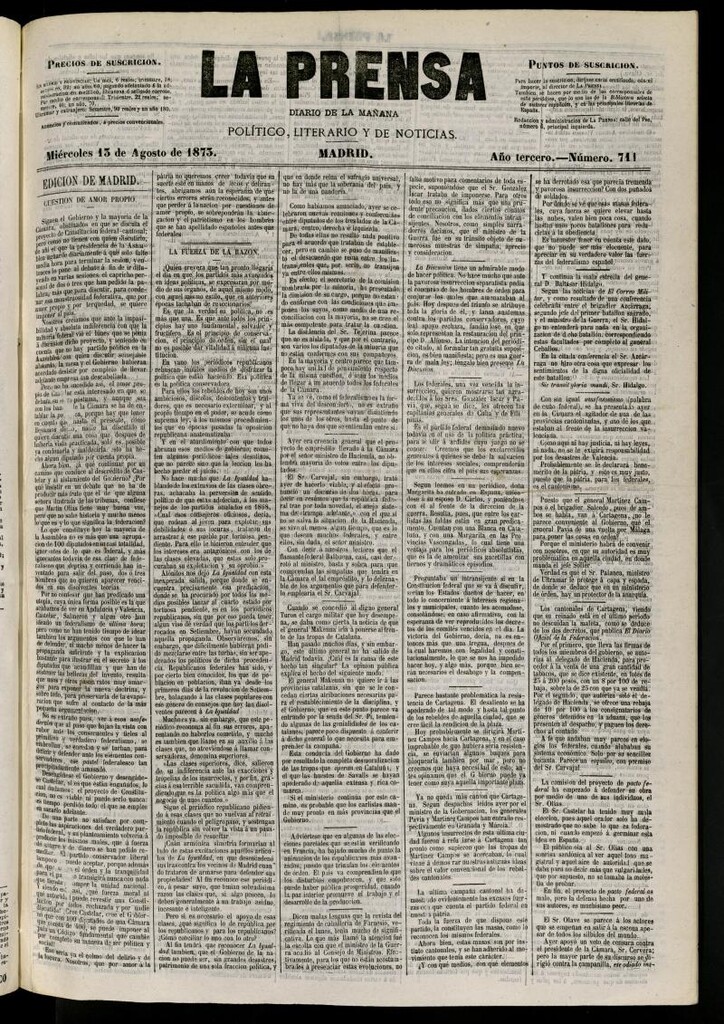 Miniatura de La Prensa : diario de la mañana : político, literario y de noticias del 13 de agosto de 1873, nº 711