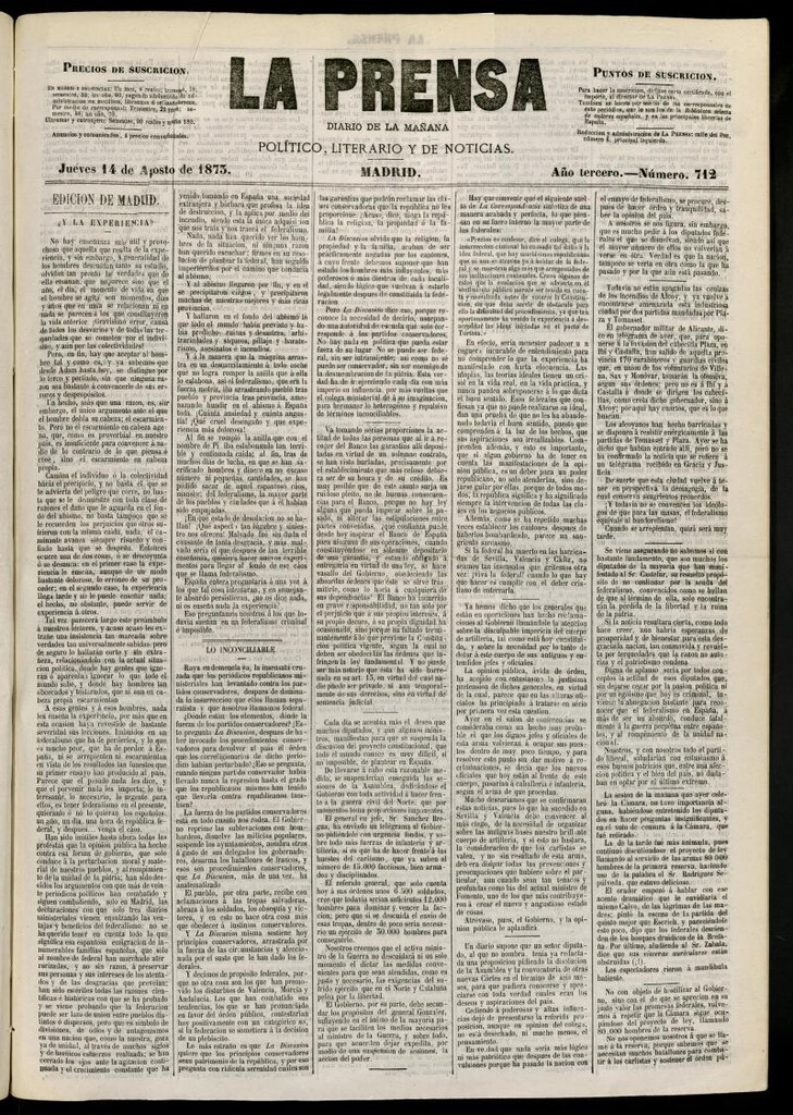 Miniatura de La Prensa : diario de la mañana : político, literario y de noticias del 14 de agosto de 1873, nº 712