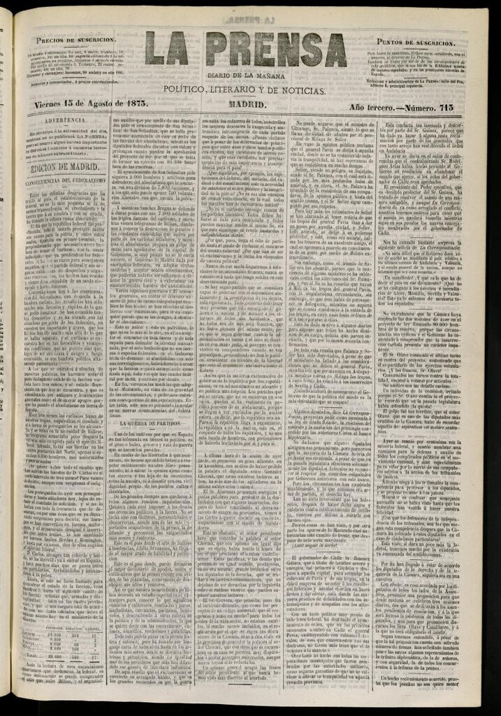 Miniatura de La Prensa : diario de la mañana : político, literario y de noticias del 15 de agosto de 1873, nº 713