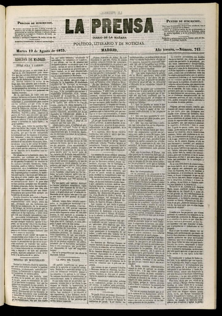 Miniatura de La Prensa : diario de la mañana : político, literario y de noticias del 19 de agosto de 1873, nº 715