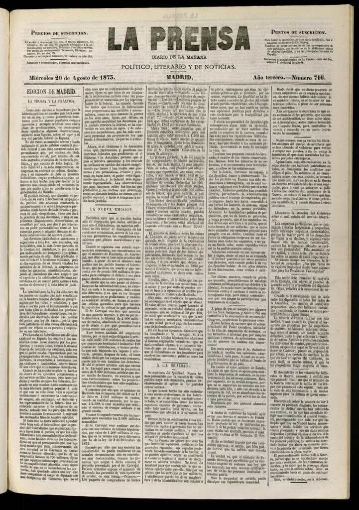 Miniatura de La Prensa : diario de la mañana : político, literario y de noticias del 20 de agosto de 1873, nº 716