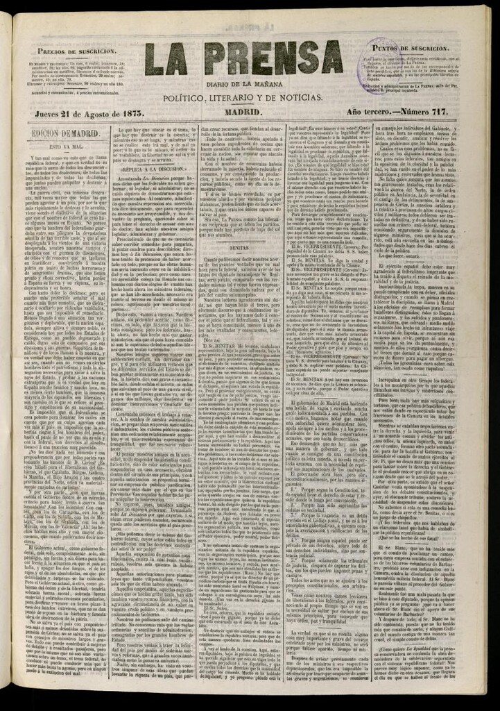 Miniatura de La Prensa : diario de la mañana : político, literario y de noticias del 21 de agosto de 1873, nº 717