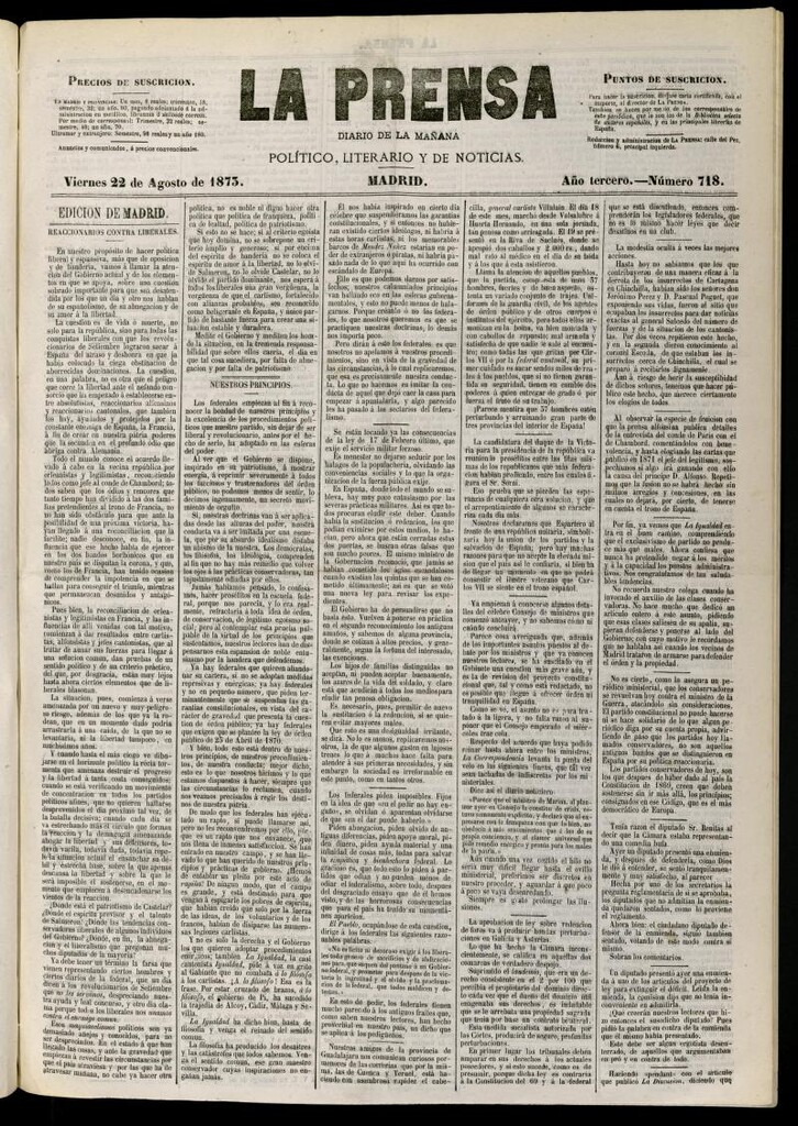 Miniatura de La Prensa : diario de la mañana : político, literario y de noticias del 22 de agosto de 1873, nº 718