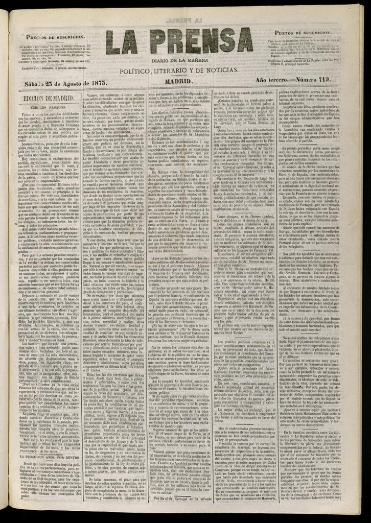 Miniatura de La Prensa : diario de la mañana : político, literario y de noticias del 23 de agosto de 1873, nº 719