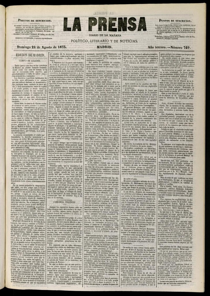 Miniatura de La Prensa : diario de la mañana : político, literario y de noticias del 24 de agosto de 1873, nº 720