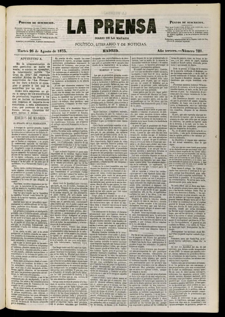 Miniatura de La Prensa : diario de la mañana : político, literario y de noticias del 26 de agosto de 1873, nº 721