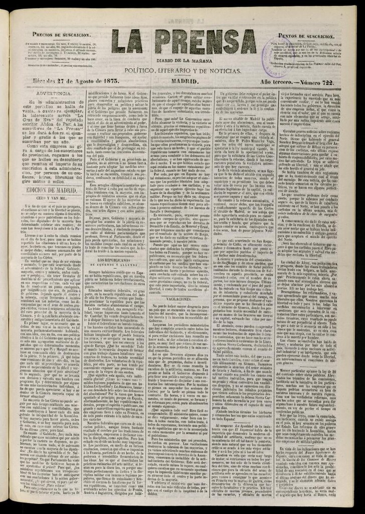 Miniatura de La Prensa : diario de la mañana : político, literario y de noticias del 27 de agosto de 1873, nº 722