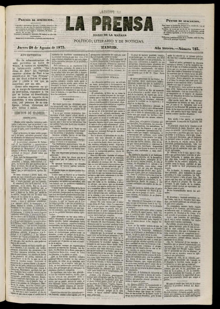 Miniatura de La Prensa : diario de la mañana : político, literario y de noticias del 28 de agosto de 1873, nº 723