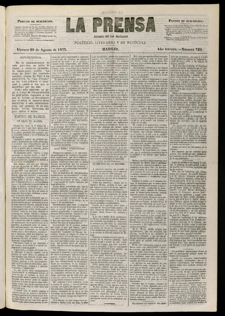 Miniatura de La Prensa : diario de la mañana : político, literario y de noticias del 29 de agosto de 1873, nº 724